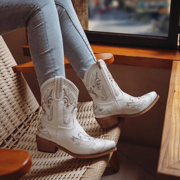 Cusolemore Cowboy Boots for Women Sparkly Rhinestone Embroidered Ankle Boots - Picture 8 of 8